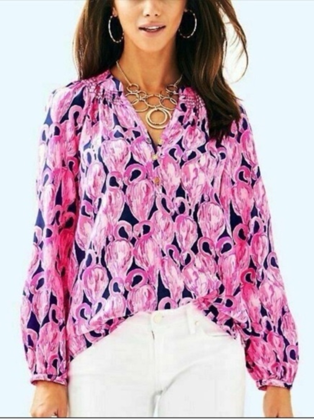 Lily Pulitzer Silk Elsa Blouse in High Tide Via Amor Flamingo Size M
